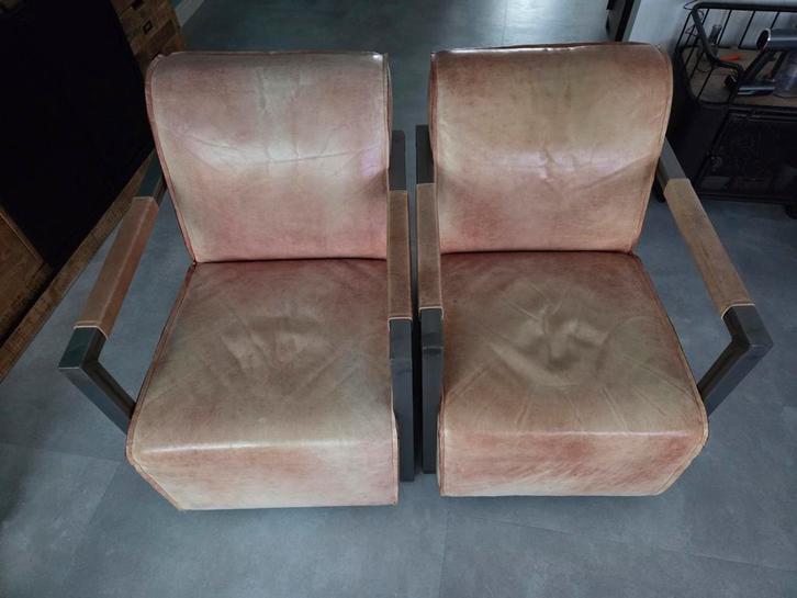 Buffelleer stoel 2x, Huis en Inrichting, Fauteuils, Zo goed als nieuw, Leer, 50 tot 75 cm, 75 tot 100 cm, Ophalen