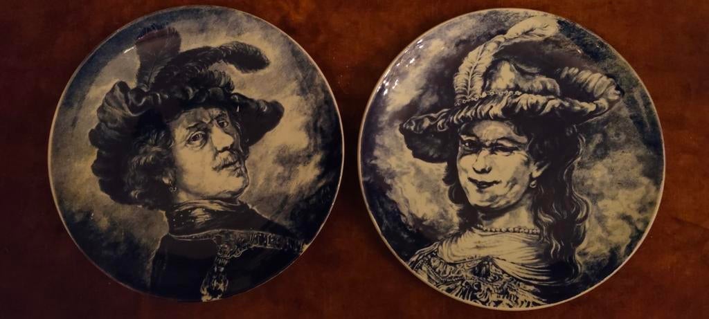 Delfts Blauw Wandborden Rembrandt & Saskia - Vintage, Ophalen of Verzenden, Gebruikt