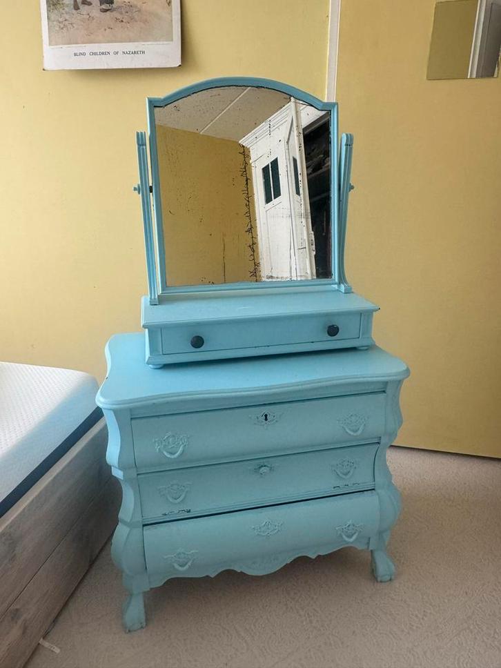 Blauw Brocante Dressoir, Huis en Inrichting, Kasten | Dressoirs, Gebruikt, 100 tot 150 cm, 25 tot 50 cm, Met lade(s), Overige houtsoorten