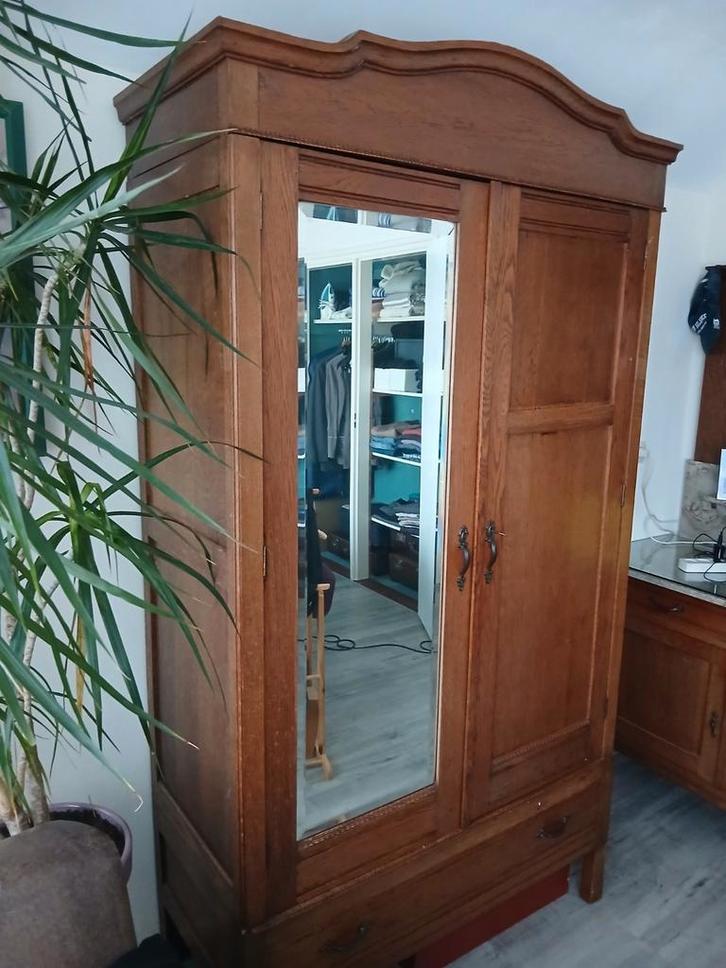 Eiken linnenkast met spiegeldeur en lade, Huis en Inrichting, Kasten | Kledingkasten, Gebruikt, 150 tot 200 cm, 100 tot 150 cm