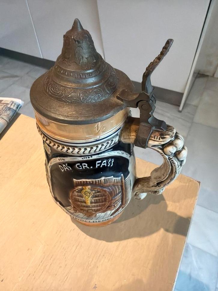 Antieke Bierpul met Tinnen Deksel, Verzamelen, Biermerken, Gebruikt, Pul(len), Overige merken, Ophalen