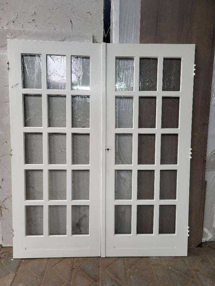 Set dubbele deuren, Doe-het-zelf en Verbouw, Deuren en Horren, Gebruikt, Buitendeur, 200 tot 215 cm, 80 tot 100 cm, Glas, Hout
