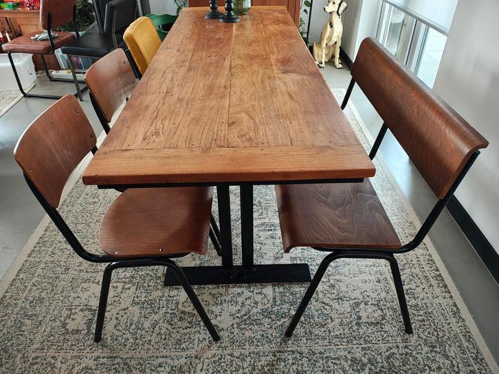 Mooie vintage set stoelen en bankje., Huis en Inrichting, Stoelen, Gebruikt, Bruin, Ophalen