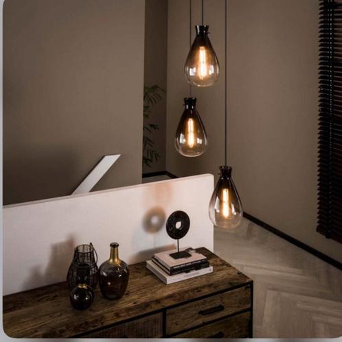 **Set van 3 Glazen Hanglampen - Rookglas Druppelvorm met Zwa, Huis en Inrichting, Lampen | Hanglampen, Nieuw, Minder dan 50 cm