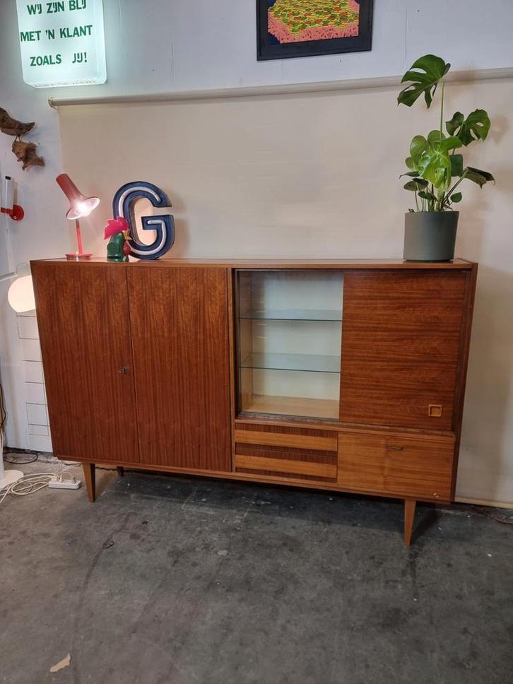 Sale Vintage highboard mid century teak, Huis en Inrichting, Kasten | Dressoirs, Zo goed als nieuw, 25 tot 50 cm, Ophalen