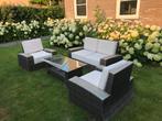 Loungset incl. Dikke kussens en tafel met glas, 5 zitplaatsen, Kunststof, Gebruikt, Ophalen of Verzenden
