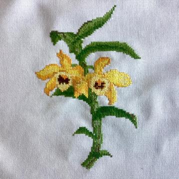 Borduurwerk, zijde, bloem, orchidee, geel, vintage beschikbaar voor biedingen