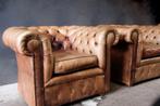 set van 2 origineel Engelse vintage Chesterfield fauteuils, Ophalen, Gebruikt, Minder dan 75 cm, Leer
