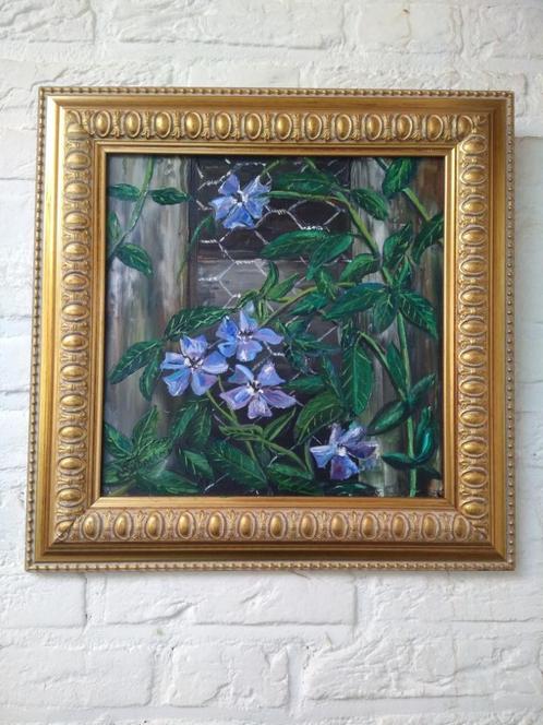 SCHILDERIJ (o.o.d.) Clematis , in gouden lijst 41,5x 41,5 cm, Antiek en Kunst, Kunst | Schilderijen | Klassiek, Ophalen of Verzenden