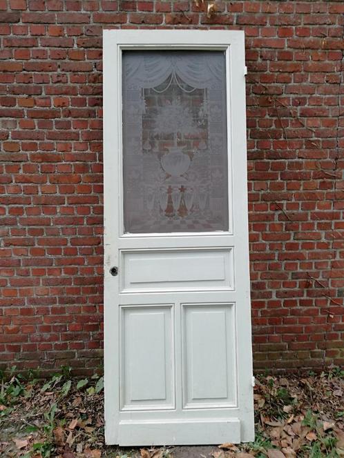 206,5hx73br Paneeldeur met ge-etst glas, vaas bloemen, Antiek en Kunst, Antiek | Overige Antiek, Ophalen