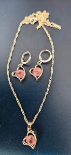 verzilverd 925 ketting en oorbellen met hartje roze steen, Ophalen of Verzenden, Nieuw, Roze, Zilver