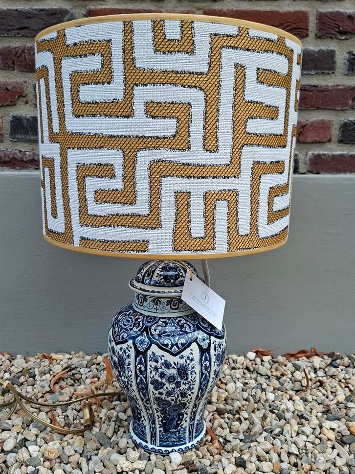 Handgemaakte lampenkap doolhof oker 35 cm., Huis en Inrichting, Lampen | Lampenkappen, Zo goed als nieuw, Minder dan 25 cm, Rond