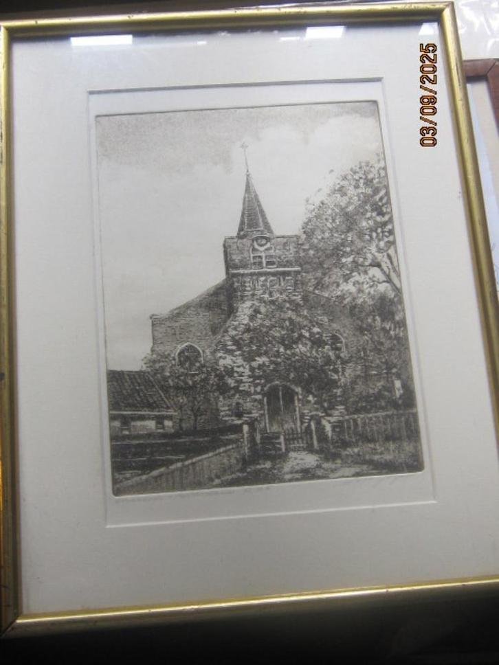 Rotterdam, CHARLOIS, Oude Kerkje, ets van HW BIJL in lijstje, Antiek en Kunst, Kunst | Etsen en Gravures, Ophalen of Verzenden