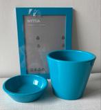 Ikea fotolijst en bloempot met schotel kleur aqua blauw, Rond, Ophalen of Verzenden, Zo goed als nieuw, Aardewerk