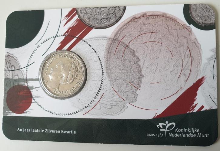 Coincard 80 jaar afscheid zilveren kwartje 1943 PP, Postzegels en Munten, Munten | Nederland, Losse munt, 25 cent, Koningin Wilhelmina