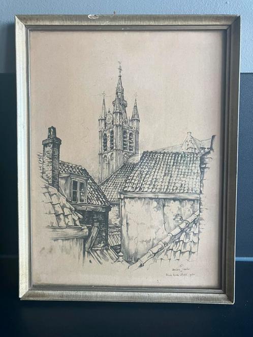 Oude Kerk Delft (Anton Pieck, 1954), Antiek en Kunst, Kunst | Tekeningen en Foto's, Ophalen of Verzenden