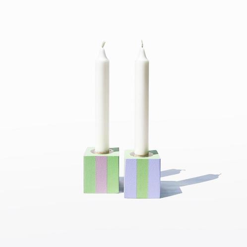 2x kandelaars, handbeschilderd, gestreept, groen en lila, Huis en Inrichting, Woonaccessoires | Kandelaars en Kaarsen, Zo goed als nieuw