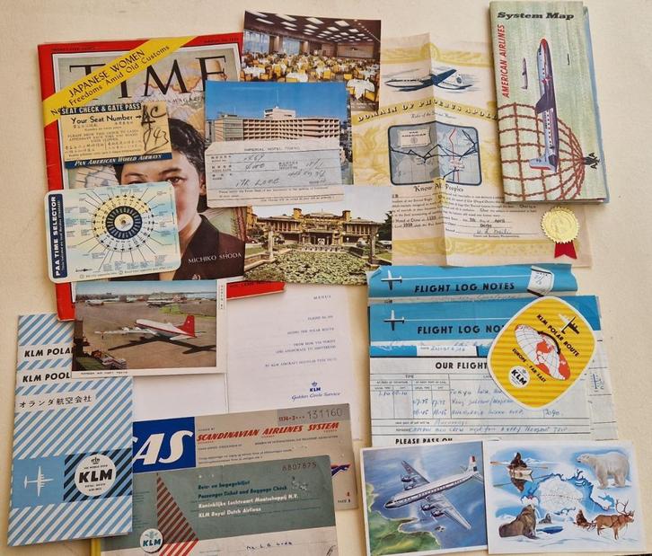 Diverse reisbescheiden ( KLM, PAA, AA)  Round-the-World 1959, Verzamelen, Luchtvaart en Vliegtuigspotten, Gebruikt, Overige typen
