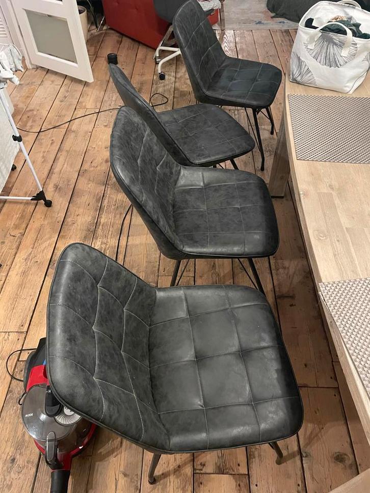 Gebruikte Eetstoelen - Set van 4, Huis en Inrichting, Stoelen, Gebruikt, Vier, Leer, Metaal, Zwart, Ophalen