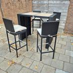 4 barkrukken met kussen en 1 bartafel voor in de tuin, Ophalen, Gebruikt, Kunststof