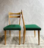 6 vintage eetkamerstoelen jaren 60 hout groene bekleding, Ophalen, -, -, Zo goed als nieuw