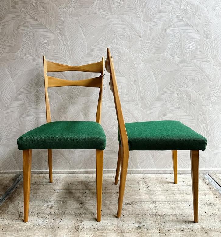 6 vintage eetkamerstoelen jaren 60 hout groene bekleding, Huis en Inrichting, Stoelen, Zo goed als nieuw, Hout, Ophalen