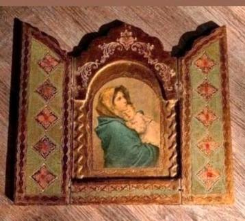 Antiek Houten Drieluik Maria Jezus beschikbaar voor biedingen