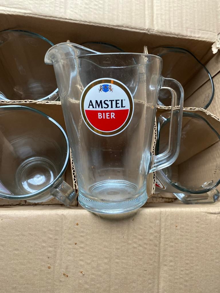 Amstel Bier Pitchers glas - Set van 6 - 1.8 Ltr., Ophalen, Zo goed als nieuw, Glas of Glazen, Amstel