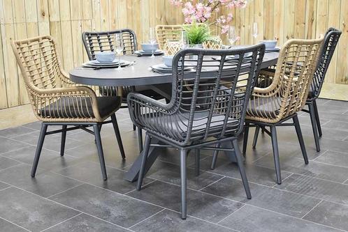 Akron Ovale Tafel 220 Keramischblad Dark Grey met 6 Alba Din, Tuin en Terras, Tuinsets en Loungesets, Nieuw, Tuinset, Wicker, 6 zitplaatsen