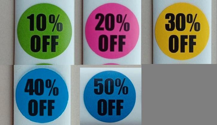 Kortingsstickers - 10% tot 50% korting! 50 stuks, Diversen, Rommelmarktspullen, Nieuw, Ophalen of Verzenden