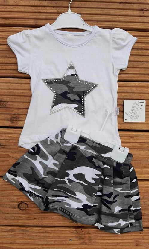 2 Delig set kort broek/rok tshirt leger ster - wit mt 98/104, Kinderen en Baby's, Kinderkleding | Maat 98, Nieuw, Meisje, Setje