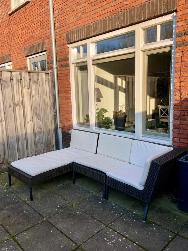 IKEA Ammerö loungeset donkerbruin kunst rotan beige kussens, Tuin en Terras, Tuinsets en Loungesets, Gebruikt, Loungeset, Kunststof
