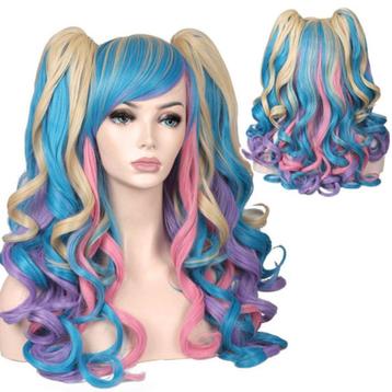 Multi-color pruik lang haar met krullen + 2 staart beschikbaar voor biedingen