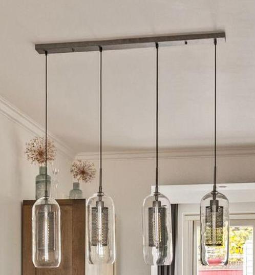 Industriële Hanglamp met 4 Glazen Kelken, Huis en Inrichting, Lampen | Hanglampen, Zo goed als nieuw, 75 cm of meer, Glas, Ophalen of Verzenden