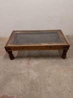Eiken salon-/koffietafel-Spaanse stijl met ijzer/glazen blad, Gebruikt, 100 tot 150 cm, Koloniaal, Ophalen of Verzenden