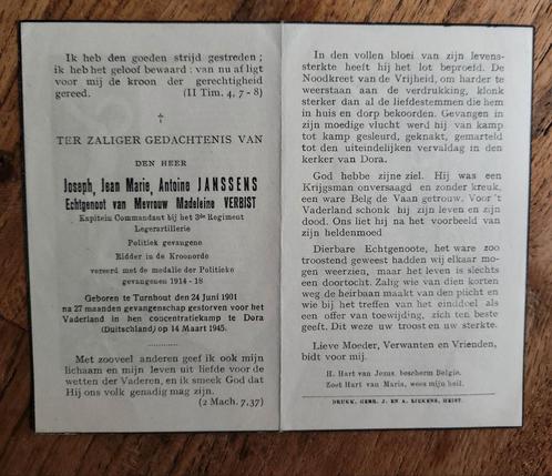 WW2 bidprentje België Kapitein .Comm - Concentratiekamp Dora, Verzamelen, Bidprentjes en Rouwkaarten, Bidprentje, Ophalen of Verzenden