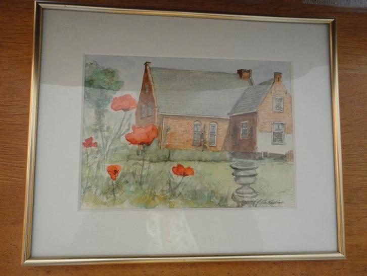Aquarel met woning en klaprozen, Huis en Inrichting, Woonaccessoires | Schilderijen, Tekeningen en Foto's, Nieuw, Schilderij, Minder dan 50 cm