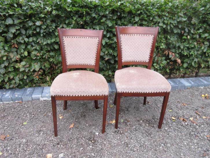 2 oude nette stoelen hout met stof - houtsnijwerk -, Huis en Inrichting, Stoelen, Gebruikt, Twee, Hout, Stof, Bruin, Ophalen