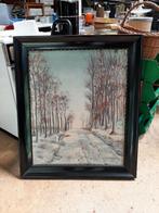 Schilderij winterse bosweg. Zwarte houten lijst., Ophalen