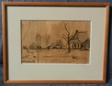 Krijttekening Boerderijen door JC Roelandse hxb: 11,3 x 18,3 beschikbaar voor biedingen