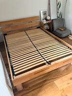 140x200 massief houten tweepersoonsbed + lattenbodem, Huis en Inrichting, Slaapkamer | Bedden, Ophalen, Gebruikt, Bruin, Tweepersoons