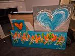 3x Chic zo Arts Schilderijen - Hart & Bloemen, Antiek en Kunst, Ophalen