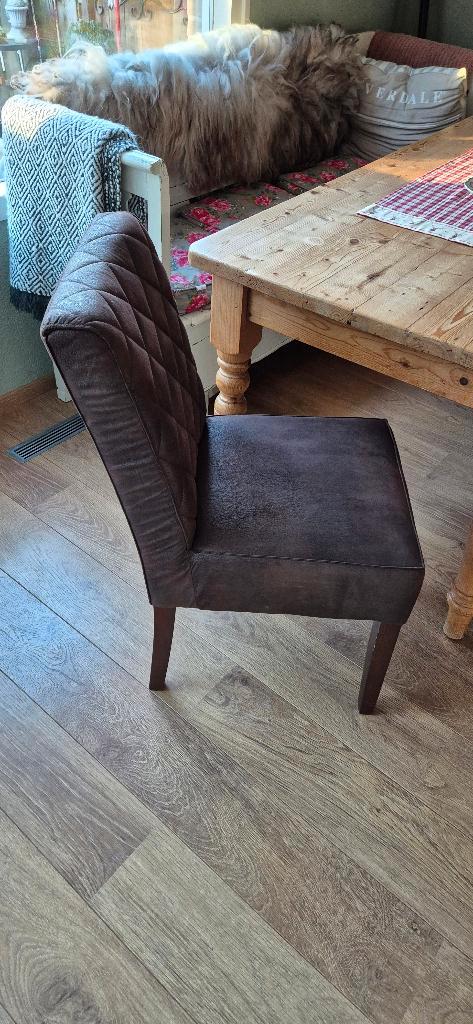 Eetkamerstoelen, Huis en Inrichting, Stoelen, Gebruikt, Drie, Hout, Stof, Bruin, Ophalen