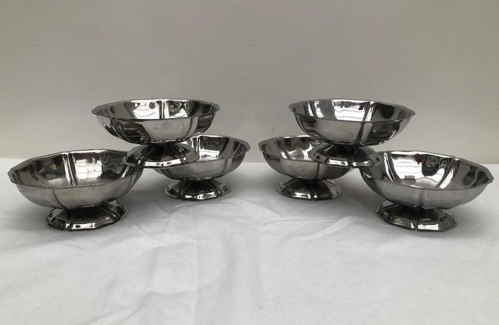 Vintage Franse RVS lage ijscoupes | tulpvorm | set van 6, Huis en Inrichting, Keuken | Servies, Gebruikt, Overige typen, Overige stijlen