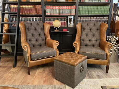 NIEUW Chesterfield oor fauteuil stof Harris Tweed met leer, Huis en Inrichting, Fauteuils, Nieuw, Leer, Stof, 75 tot 100 cm, Ophalen of Verzenden