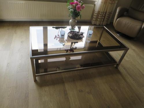 Retro Salontafel Messing met 2 Geslepen Rookglasplaten, Huis en Inrichting, Tafels | Salontafels, Zo goed als nieuw, Minder dan 50 cm