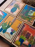 Botanische schilderijtjes in houten baklijst, Ophalen of Verzenden