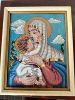 Vintage geborduurd schilderijtje van Maria met kindje Jezus, Ophalen of Verzenden