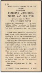 Dymphna van der Wee 1874 Kaatsheuvel + 1944 Kaatsheuvel, Verzamelen, Bidprentjes en Rouwkaarten, Verzenden, Bidprentje