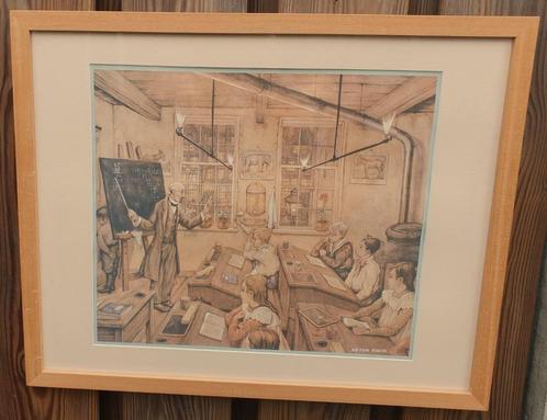 Anton Pieck - Schooltafereel - Grafiek in Lijst, Antiek en Kunst, Kunst | Schilderijen | Klassiek, Ophalen of Verzenden